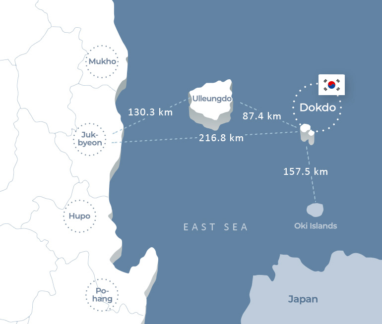 Jukbyeon in Ulleungdo off to 130.3 km, Jukbyeon 216.8 to Dokdo from Ulleungdo to Dokdo from discontent at 87.4 and km km of Oki islands in Dokdo, to 157.5 km